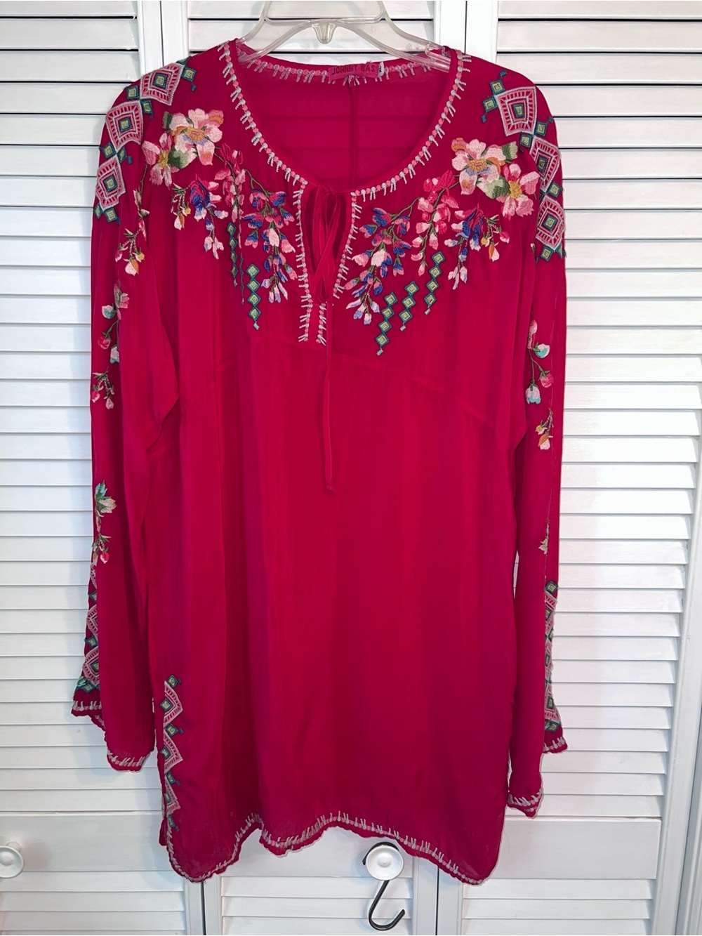 Johnny Was Bright Fuchsia Embroidered Boho Top